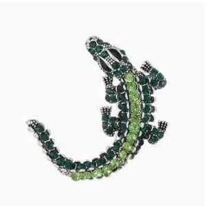 Alligator Brooch With Green Rhinestones & Silver-Tone Detailing